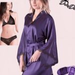 Luxe Satijnen Kimono Set – Paars met Kant & Lingerie