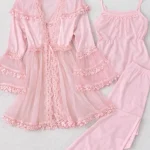 Luxe 3-Delige Dames Nachtset – Katoen met Kant & Strasdetails – Kimono, Top & Broek – Danaden Collectie