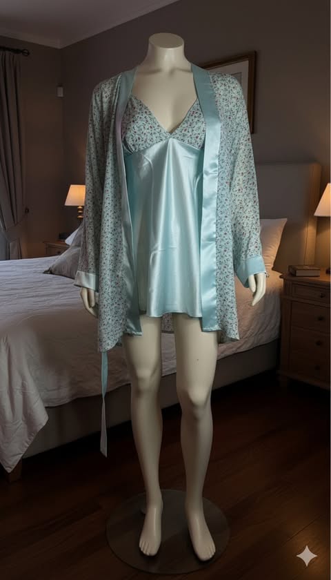 nachtmode babyblauw set Satijnen set kort nachthemd met Kimono - Image 1