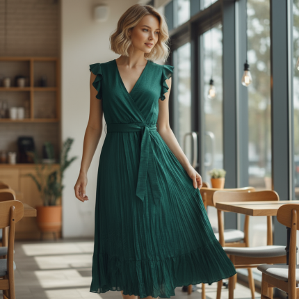 Dames Maxi Wrap Jurk – Elegante Plissé Zomerjurk