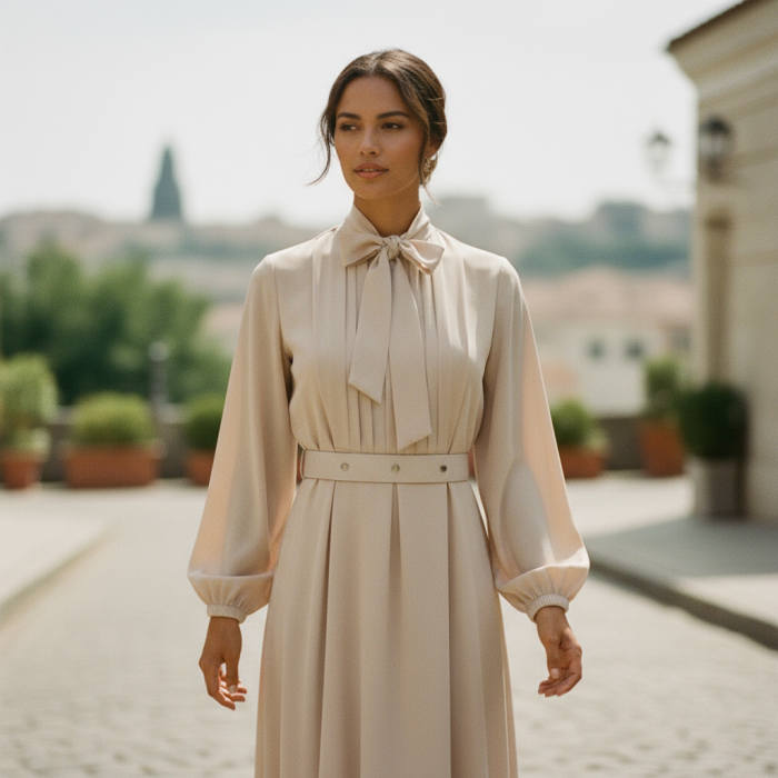 Elegante Satijnen Maxi Jurk met Strik - Image 2