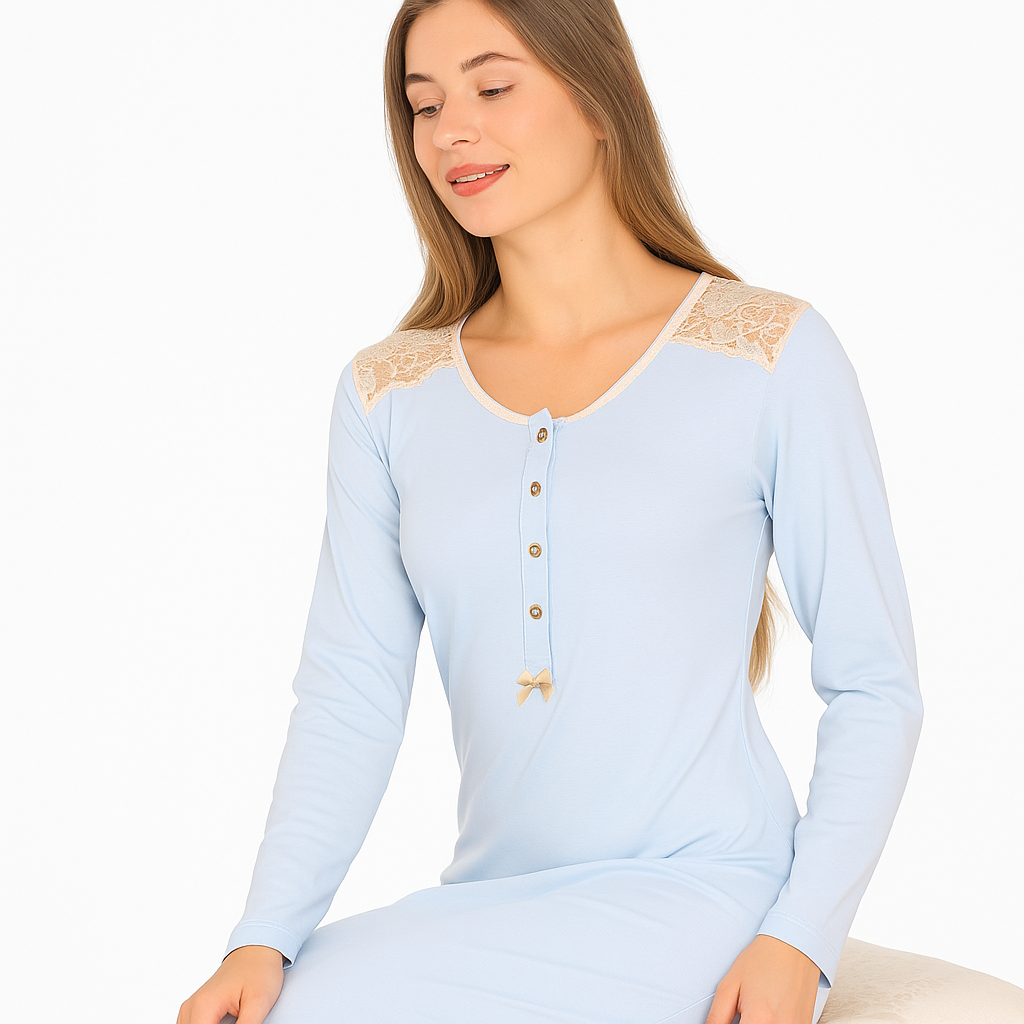 nachtmode bla1blauw Dames Huisjurk met Kantdetails – Nieuwe Winter Najaar Collectie - Image 1