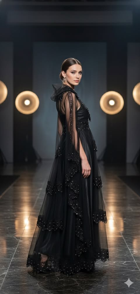 Zwarte nacht mode set Nachtmode set met Kant & Tule | Elegante Lange Nachtjurk – Romantische Lingerie in Retro Stijl, 2-delig - Image 1