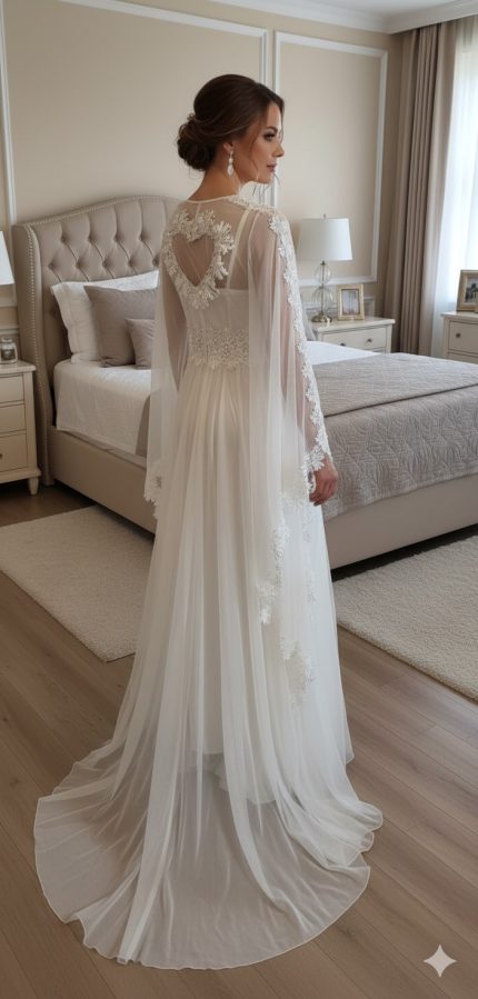 Bruidsset Nachtjapon & Kimono | Elegante Lange Nachtjurk met Tule & Kant – Romantische Bruidslingerie