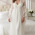 Vintage Witte Bruids Nachtjapon | Elegante Lange Nachtjurk met Kant & Tule – Bohemian Retro Stijln 2-delige Set