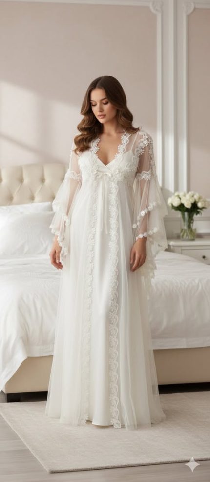 Vintage Witte Bruids Nachtjapon | Elegante Lange Nachtjurk met Kant & Tule – Bohemian Retro Stijln 2-delige Set