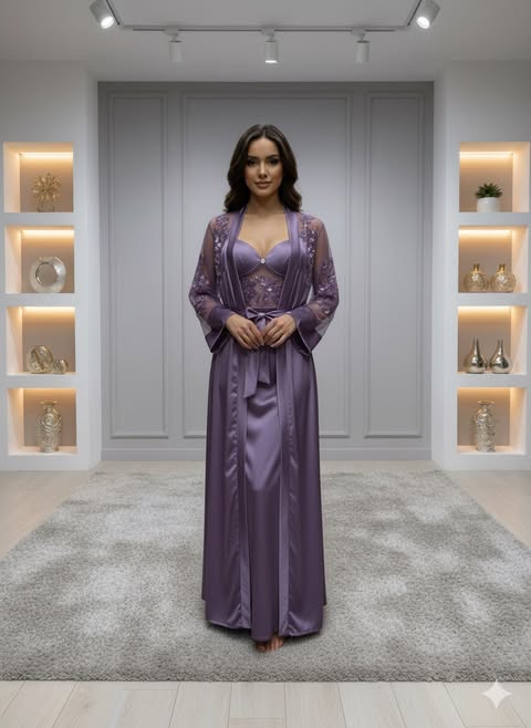 paars nachtmode Luxe nachtjurk met bijpassende kamerjas - Image 1