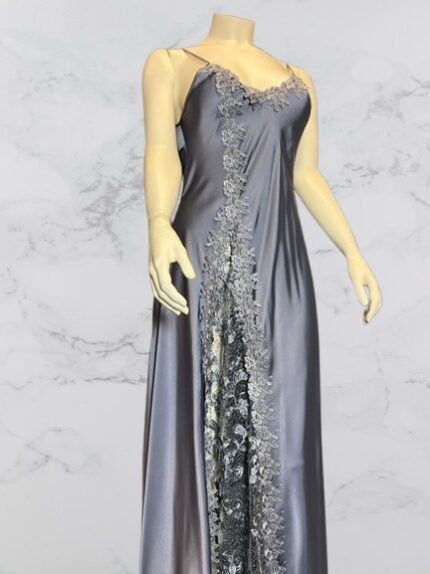 Long Satin Nightgown with Lace Trim