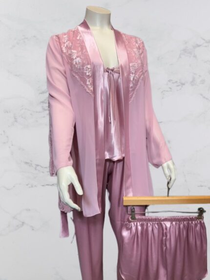 4-Piece Satin Pajama Set with Lace Back Detail