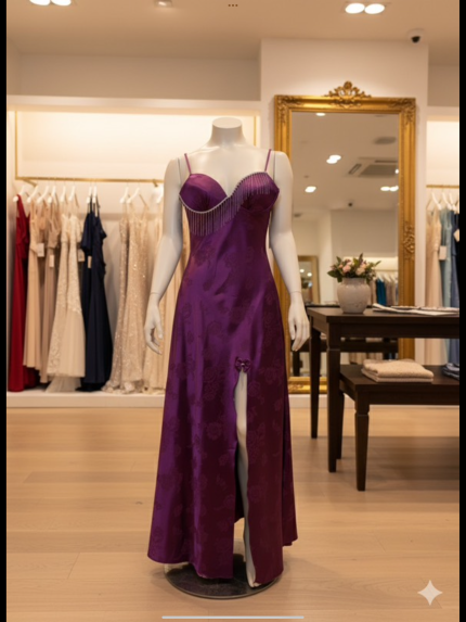 Elegante Satijnen Avondjurk – Paars – Split & Spaghetti Bandjes