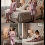 Satijnen Pyjama Set Dames – Roze – 4-delig met Kimono & Kant