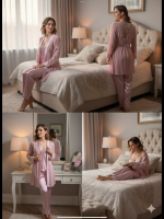 Satijnen Pyjama Set Dames – Roze – 4-delig met Kimono & Kant - Image 3