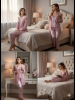 Satijnen Pyjama Set Dames – Roze – 4-delig met Kimono & Kant - Image 2