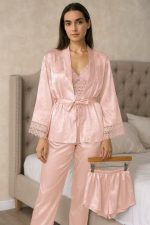 Satijnen Dames Pyjama Set – 4-Delig – Inclusief Kimono met Kant - Image 2