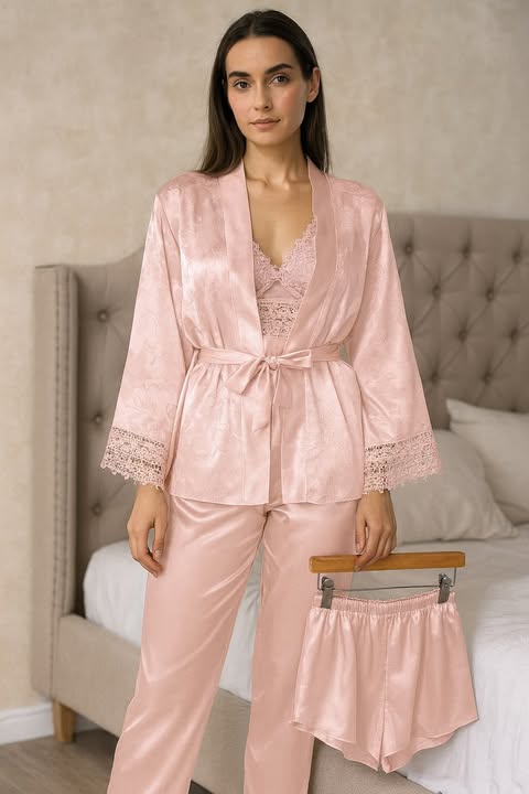 pyjama satijn 3 Satijnen Dames Pyjama Set – 4-Delig – Inclusief Kimono met Kant - Image 2