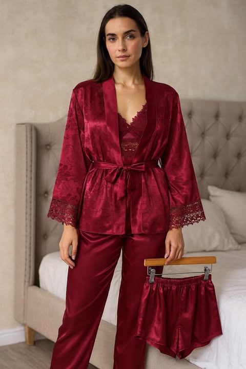 pyjama satijn 4 Satijnen Dames Pyjama Set – 4-Delig – Inclusief Kimono met Kant - Image 4