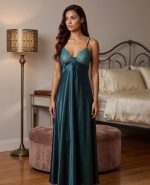 Premium Satijnen Negligé Dames – Lange Nachtjurk met Tule, Geborduurd Borstdesign & Open Rug - Image 2