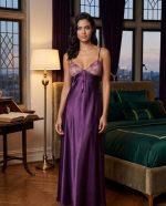Premium Satijnen Negligé Dames – Lange Nachtjurk met Tule, Geborduurd Borstdesign & Open Rug - Image 3
