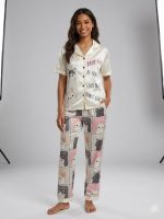 5-Delige Satijnen Dames Pyjamaset Kattenprint – Inclusief Slaapmasker, Slippers en Haarelastiek - Image 3