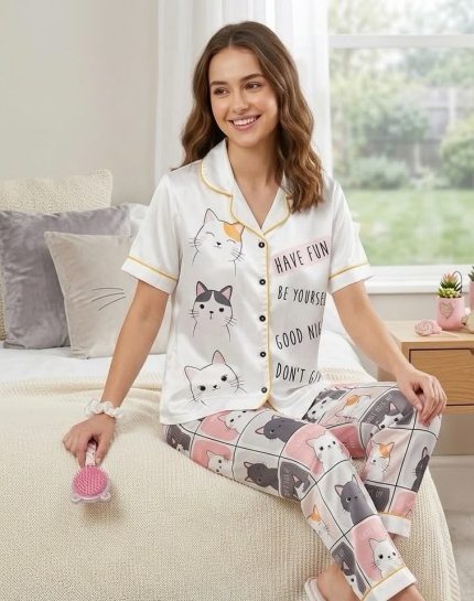 5-Delige Satijnen Dames Pyjamaset Kattenprint – Inclusief Slaapmasker, Slippers en Haarelastiek
