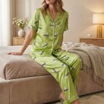 5-Delige Satijnen Dames Pyjamaset Groen – Pyjama met Knoopsluiting, Slaapmasker, Scrunchie en Slippers – One Size
