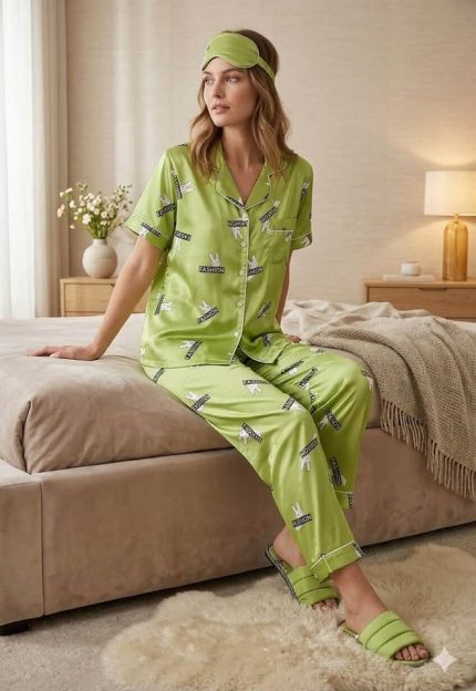 5-Delige Satijnen Dames Pyjamaset Groen – Pyjama met Knoopsluiting, Slaapmasker, Scrunchie en Slippers – One Size