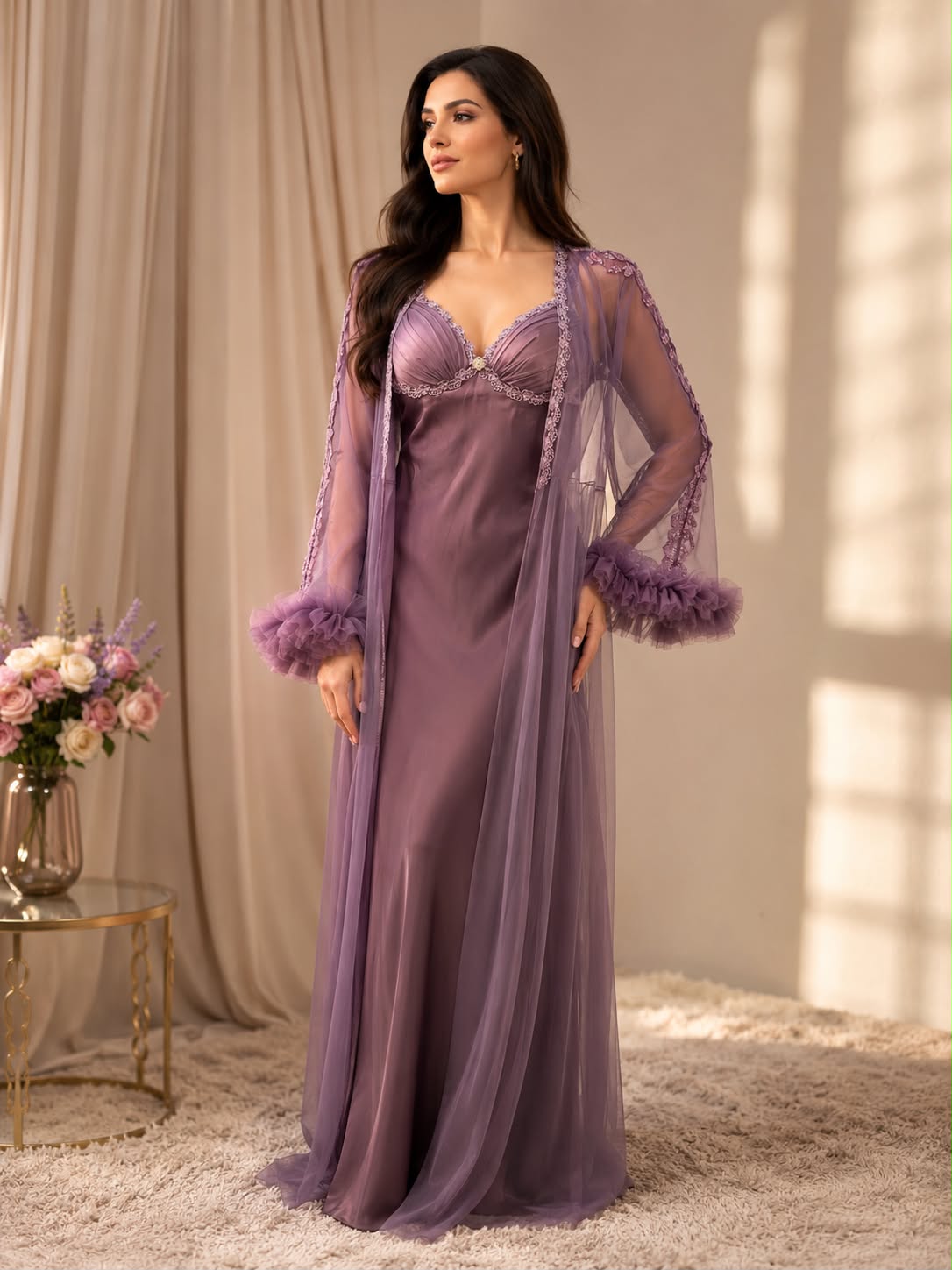 nachthemd Luxe 2-delige set: satijnen nachthemd + transparante kimono - Image 1
